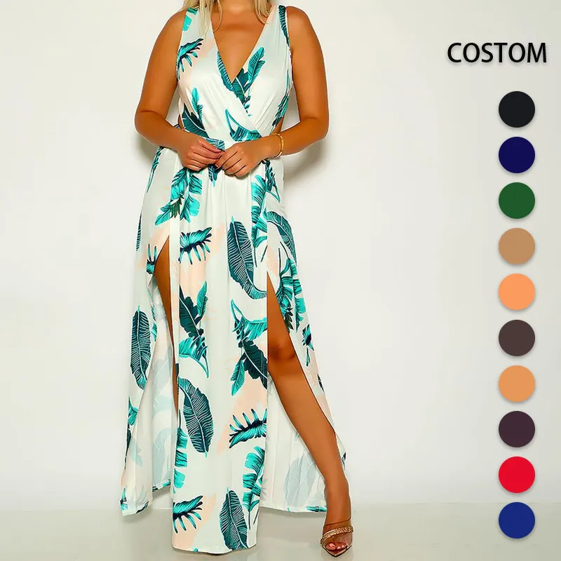 Custom Clothing Plus Dress Light Green Floral Print Double Slit Sexy Plus Size Dress