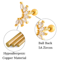 Anting-anting tusuk emas lapis emas dengan hiasan bola mahkota warna-warni, zircon marquise, untuk tulang rawan, tragus, helix, dan daun telinga.