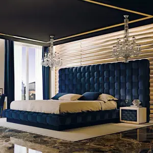 Latest design bedroom furniture headboard blue velvet bed fabric king size wooden bed unique shape button tufted double bed