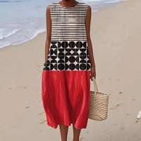 Robe midi décontractée ample pour femme, nouvelle collection été, respirante, douce, imprimé floral bohème, sans manches, idéale pour la plage