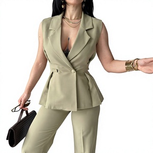 Ensemble blazer sans manches vert olive pour femme avec taille peplum et pantalon large, style bureau, couleur unie - Product Image 1