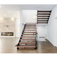 Escalier à double poutre latérale pour villa, en chêne blanc, droit, pour sous-sol, avec poutre latérale en acier