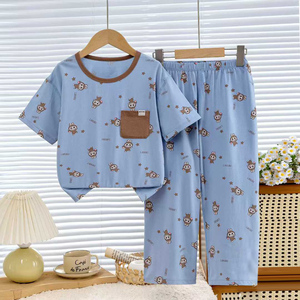 Nuovo <span class=keywords><strong>Pigiama</strong></span> Primaverile in Velluto Traspirante di <span class=keywords><strong>Cotone</strong></span> con Motivi Cartoon, Set con Maniche Corte e Pantaloni Lunghi per Bambini - Product Image 4