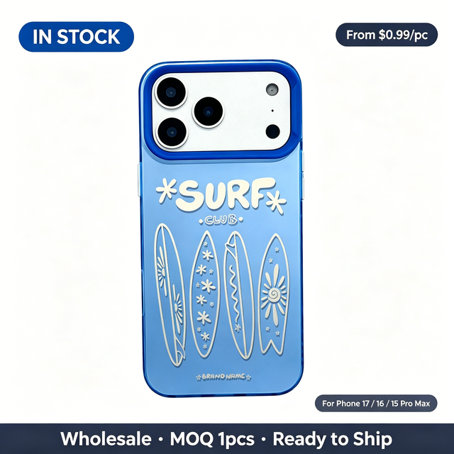 Minimalist Surfboard Line Art Blue Phone Case with Lens Frame, Shockproof Protective Cover for iPhone 17 16 15 14 13 Pro Max