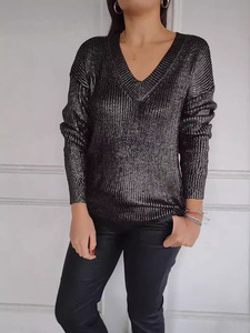 Custom <strong>Womens</strong> Lightweight v Neck Sweater Long Sleeve Metallic Shimmer V Neckline Sweater V Neck Metallic Sweaters - Product Image 5