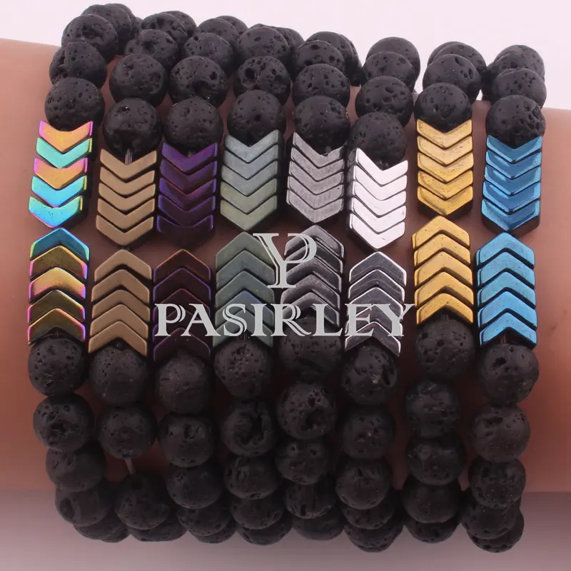 Pasirley Trendy Boho Handmade Women Energy Bangle Arrow Black Volcanic Lava Stone Beaded Healing Bracelets For Men Natural Stone