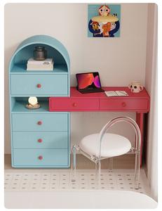 Tavolo da Trucco Integrato con Cassettiera, Mobile da Camera da Letto Dipinto a Mano con Motivo Mare e Rosa, Scrivania Color Crema - Product Image 3