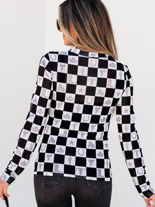 Blus lengan panjang wanita, baju blus lengan panjang hitam kotak-kotak, motif elemen Barat, jaring berdiri kurus kasual harian untuk musim panas dan musim dingin sederhana - Product Image 4