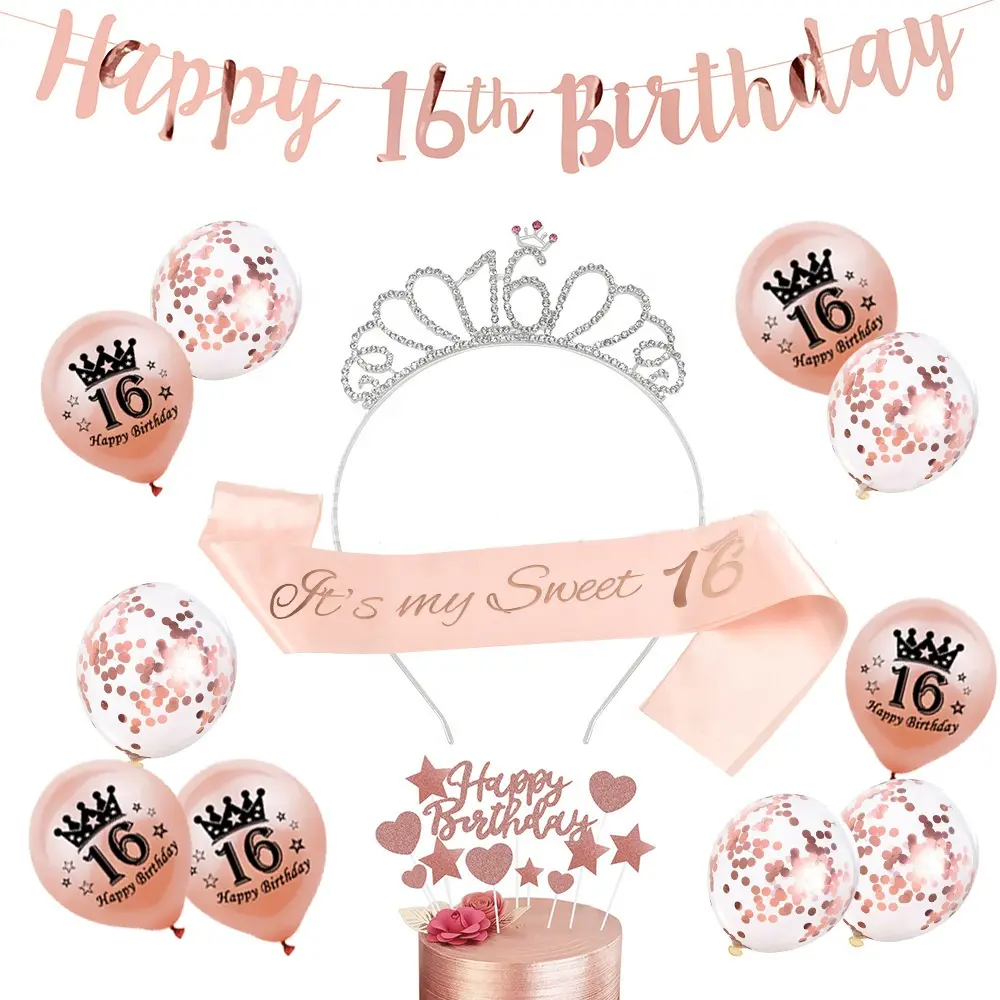 DAMAI kız doğum günü pembe tema parti balon seti parti dekorasyon kafa bandı ile yazı afiş Glitter kek Topper malzemeleri