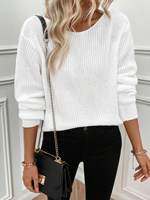 Pull en tricot à manches longues et col rond simple en dentelle pour femmes, décontracté au quotidien, printemps et automne