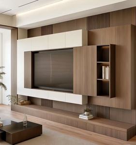 Meuble <span class=keywords><strong>TV</strong></span> mural encastré de style minimaliste moderne, panneau en bois durable, rangement dissimulé, meubles de salon sur mesure, directement de l'usine - Product Image 5