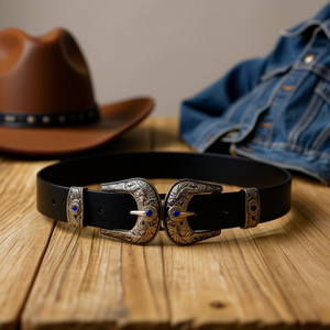 Cintura in Vera Pelle 3x100cm con Doppia Fibbia Stile Western Accessorio Moda Donna - Product Image 3