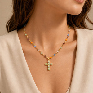 Collier Pendentif Croix Bohème en Cuivre Micro-Incrusté de Zircons, Perles Colorées, Bijoux Tendance pour Femme - Product Image 4