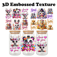 Autocollant de transfert écologique DIY 3D en relief texture UV DTF pour tasses, motif mignon tête de mort sucrée, panda, cerf, floral, squelette