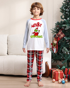 Cartoon Grinch Christmas Loungewear Sleep Suit pour les femmes Wholesale Summer Collection-White Printed Top Red Plaid Pants Pajamas - Product Image 5