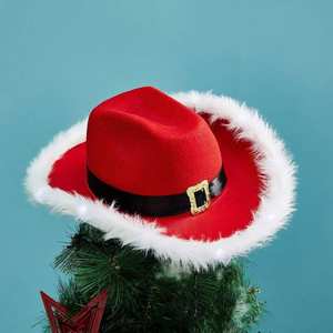Chapeau de Cowboy Western de Noël pour adultes Lumière rouge avec plumes Ceinture de père Noël pour les fêtes décontractées Chapeaux de fête - Product Image 5