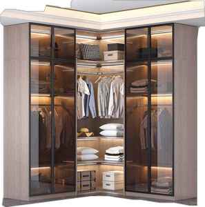 ตู้เสื้อผ้าบานเลื่อนทันสมัยหรูหรา พร้อมประตูกระจกแบบร่อง แสงไฟ LED อุ่นๆ และที่เก็บของไม้ในตัว - Product Image 1