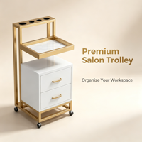 Chariot de Salon Blanc Doré avec 4 Supports pour Outils Chauffants, 2 Tiroirs, Plateau en Marbre – Chariot de Rangement Mobile pour Coiffure et Salon de Beauté