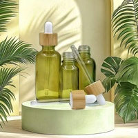 Botol Serum Kaca Alami Hijau Amber Bening Berlapis Embun 1oz 30ml Grosir dengan Tutup Bambu dan Cap Panas