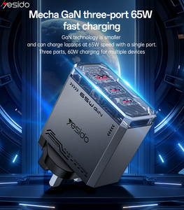Yesido PD65W Schnell ladung Dual USB-C + USB-A Drei-Port Mecha GaN UK Standard Ladegerät Reise ladegerät YC147 - Product Image 2