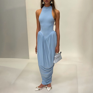 Robe longue pour femme, col rond, taille naturelle, plis, fente, respirante, robe décontractée quotidienne - Product Image 2