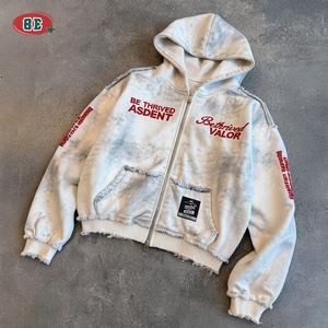 Sudadera con capucha y cremallera para hombre, con dobladillo sin rematar, 400GSM, blanco vintage con lavado en aerosol, logotipo personalizado, corte holgado, peso pesado, estilo streetwear, otoño, OEM - Product Image 1