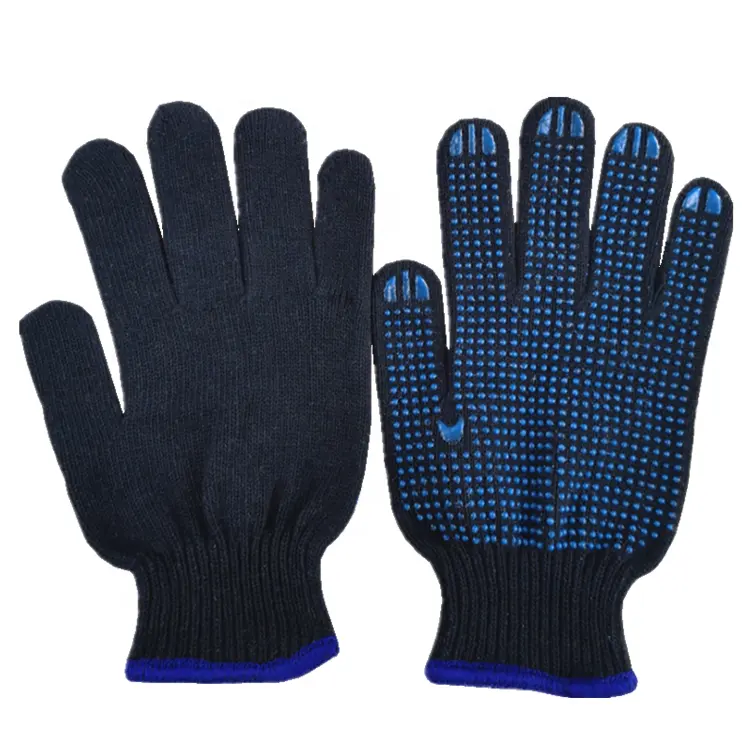 Yaygın olarak kullanılan endüstriyel siyah polyester dize örme iplik pamuk tek taraflı mavi polka emniyet Pvc noktalı İş eldivenler