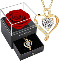 Kotak Hadiah Mawar Merah Awet, Kalung Liontin Hati, Bunga Asli Abadi, Hadiah Floral untuk Hari Valentine, Ulang Tahun, Hari Jadi