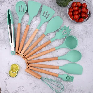 12 Pieces Non-stick BPA-free Silicone Kitchen Tool Spoon Spatula Ladle Tongs Cooking Utensils Set With Wooden Handle