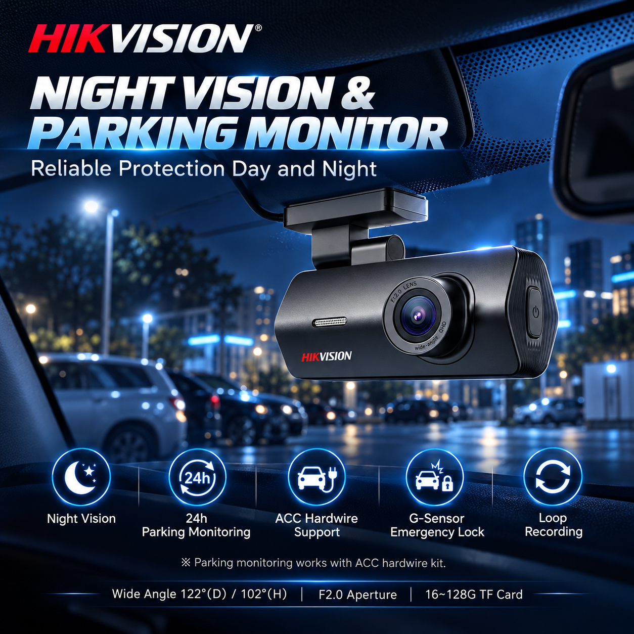 Hikvision No Screen WiFi App Control F2.0 Aperture Loop Recording 1080P 2MP Single Lens Video Dash Cam · image 5
