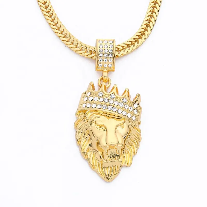 Hip Hop Gold Chain With Alloy And Bling CZ Crown Lion Head Pendant Necklace