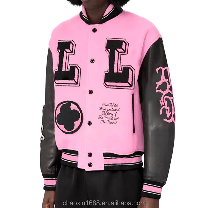OEM custom winter chenille embroidery leather sleeves bomber letterman pink varsity jacket men