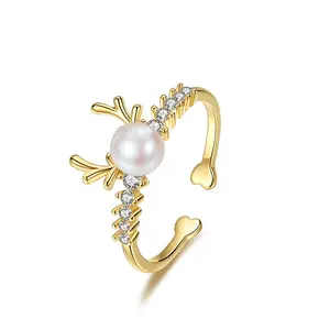 Elk Open Anneau Réglable Tête de Cerf Anneau Personnalisé Non-Fading Holiday Gift Pearl Ring for Girls