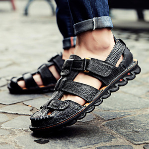 Sandales d'été pour hommes en cuir véritable avec boucle, lanières croisées, bout ouvert, semelle extérieure en caoutchouc, doublure textile, chaussures décontractées respirantes - Product Image 2
