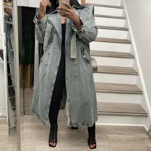 OUDINA Hot Vendas Atacado Blusão Casacos Longos Casaco Denim Jean Jacket Para As Mulheres