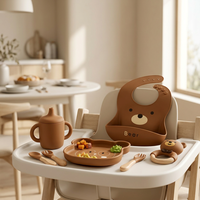 Ensemble d'alimentation pour bébé en silicone Ours brun, thème animal, assiette, bol, tasse, cuillère, fourchette, anneau de dentition pour les repas
