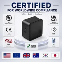 Chargeur rapide GaN 65W USB-C PD, chargeur mural double port, protection OTP, adaptateur secteur pour ordinateur portable et téléphone
