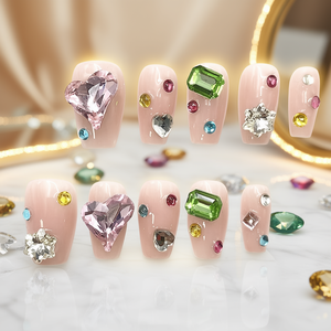 Uñas acrílicas de lujo de ataúd corto con patrón cuadrado de diamantes, pegamento incluido para realce del estilo de las uñas. - Product Image 2