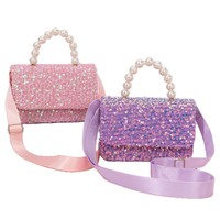 Sac fourre-tout bandoulière mignon pour filles, couleur unie, à paillettes, avec poignée en perles, en polyester, pour l'exportation