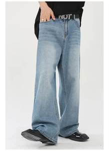 Jeans pria kustom gaya jalanan uniseks, celana jin longgar ultra pengendara sepeda, celana jin kaki lebar biru lurus