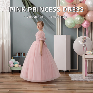 Elegante Vestido de Princesa para Niñas, con Capas de Tul Rosa, Cuello Redondo, Mangas Cortas Abullonadas, Largo hasta el Tobillo, Transpirable y Formal - Product Image 1