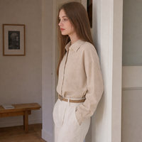 Produsen Kemeja Linen Wanita Kustom Ukuran Besar Lengan Panjang Kancing Depan Warna Beige Grosir OEM Label Pribadi Ukuran Plus