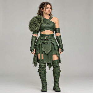 Costume de guerrière en cuir pour femme avec épaulettes en fourrure et ensemble d'armure - Product Image 1
