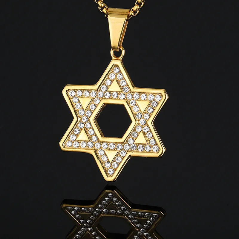 Estrella judía de David colgante de acero inoxidable oro cristal religioso David estrella encanto Collar para hombre