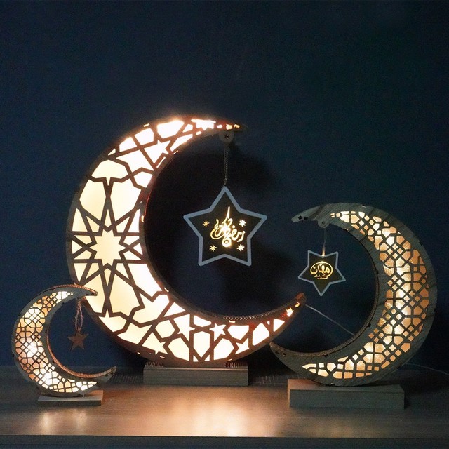 Creative Three Size Wooden Moon Star LED Lights Ramadan LED Moon Art Light Lamp for Eid Mubarak Festival