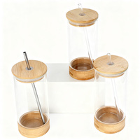 Tasses en verre à sublimation avec couvercles en bambou, réutilisables, design écologique, production OEM/ODM, tasse en verre avec couvercle en bambou et base en bambou