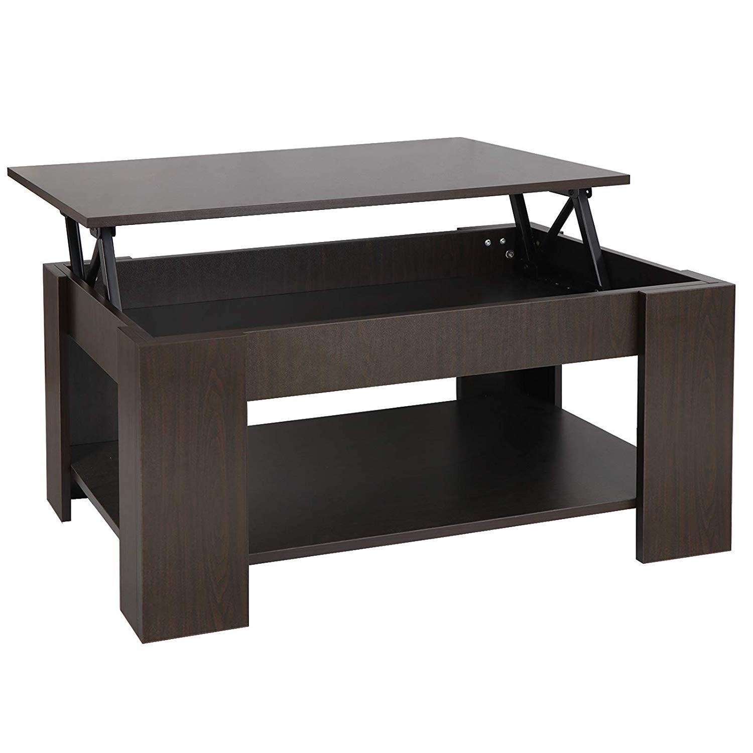Bois Relevable Table Basse Avec Rangement Caché et Étagère
