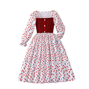 Abito Primaverile 2026 per Ragazze, Maniche Lunghe con Stampa Ciliegie, Bianco e Bordeaux con Inserti - Product Image 5
