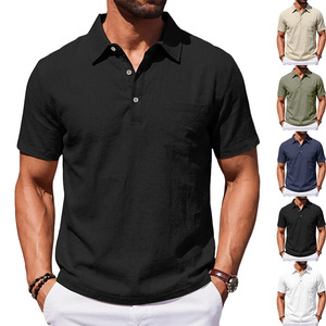 Polo en lin pour homme, col simple, couleur personnalisable, coupe ample, respirant, manches courtes, idéal pour la plage - Product Image 5