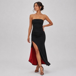 Robe longue color block sans manches moulante col montant avec fente latérale pour soirée et cérémonie - Product Image 3